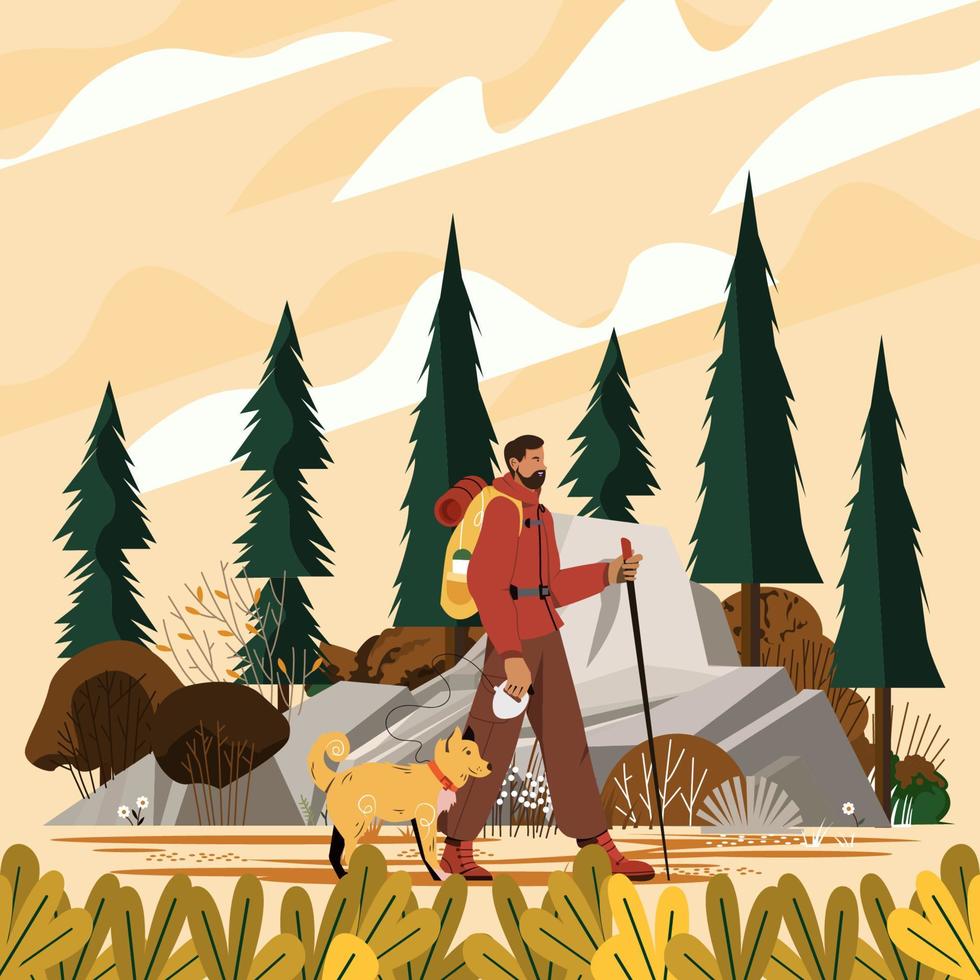 Man Hiking With Dog On Fall Season Concept vector