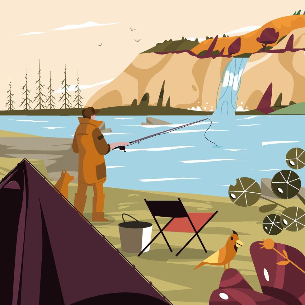 pescador pescando acompañado con su concepto de perro vector