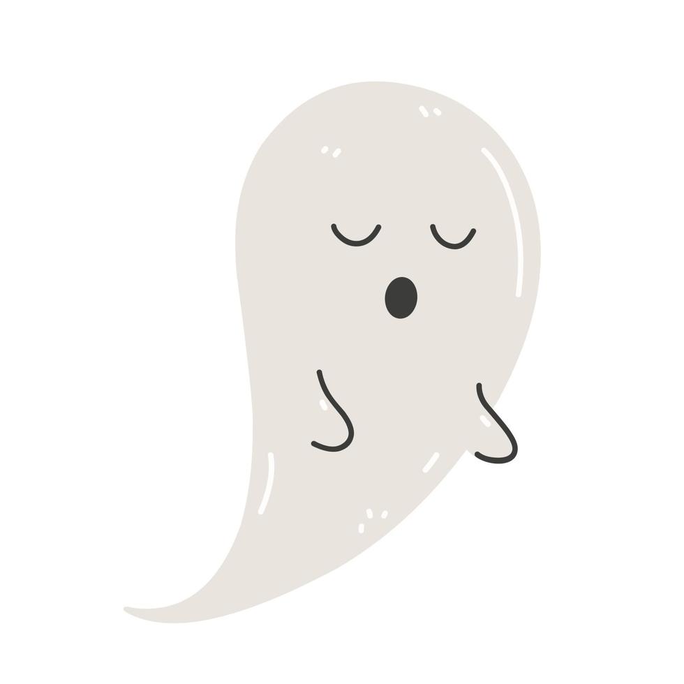 Cute spooky ghost isolated on white background. Funny scary character. Vector hand-drawn illustration in cartoon flat style. Perfect for cards, invitations, Halloween designs, decorations.