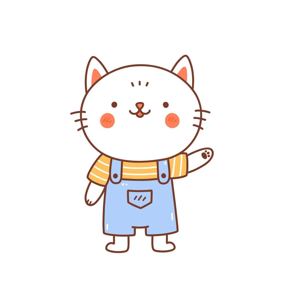 Cute smiling cat in overalls isolated on white background. Vector hand-drawn illustration in kawaii style. Perfect for cards, print, t-shirt, poster, decorations, logo. Cartoon character.