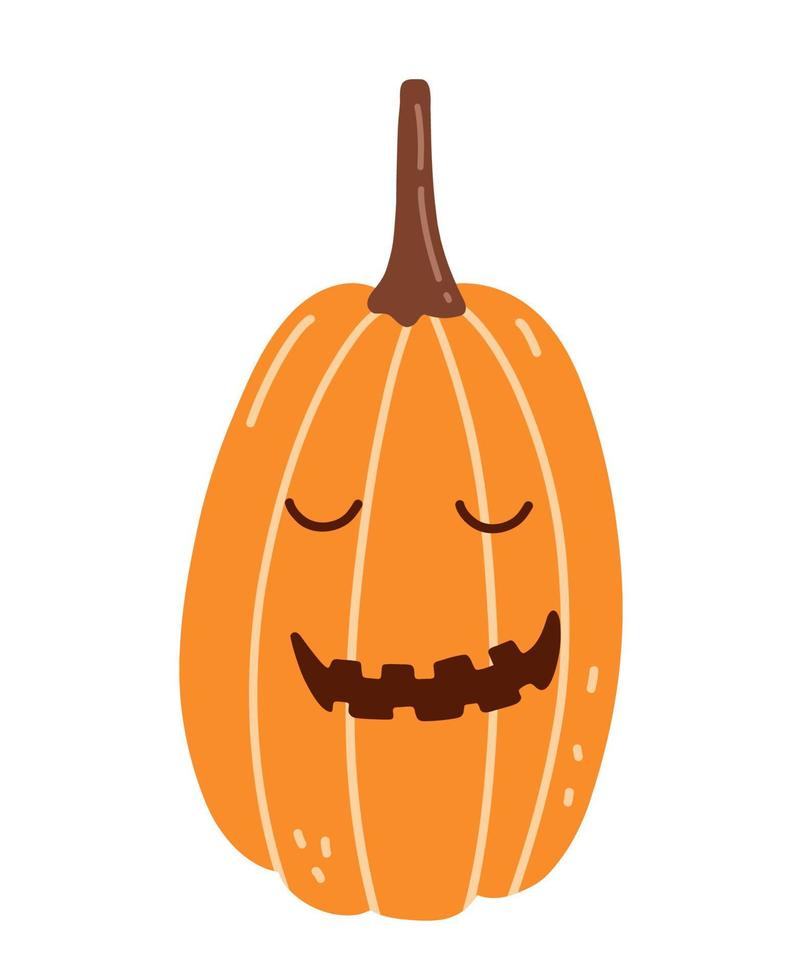 Cute smiling pumpkin for Halloween isolated on white background. Vector hand-drawn illustration in cartoon flat style. Suitable for cards, invitations, greeting designs, decorations.