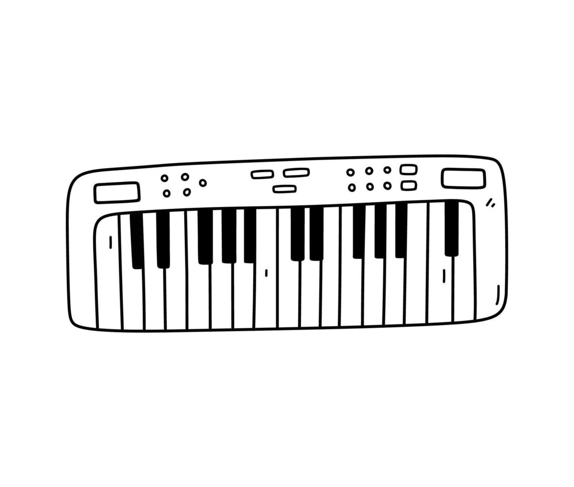 sintetizador aislado sobre fondo blanco. teclado electrónico, instrumento musical. ilustración vectorial dibujada a mano en estilo garabato. perfecto para tarjetas, decoraciones, logo. vector