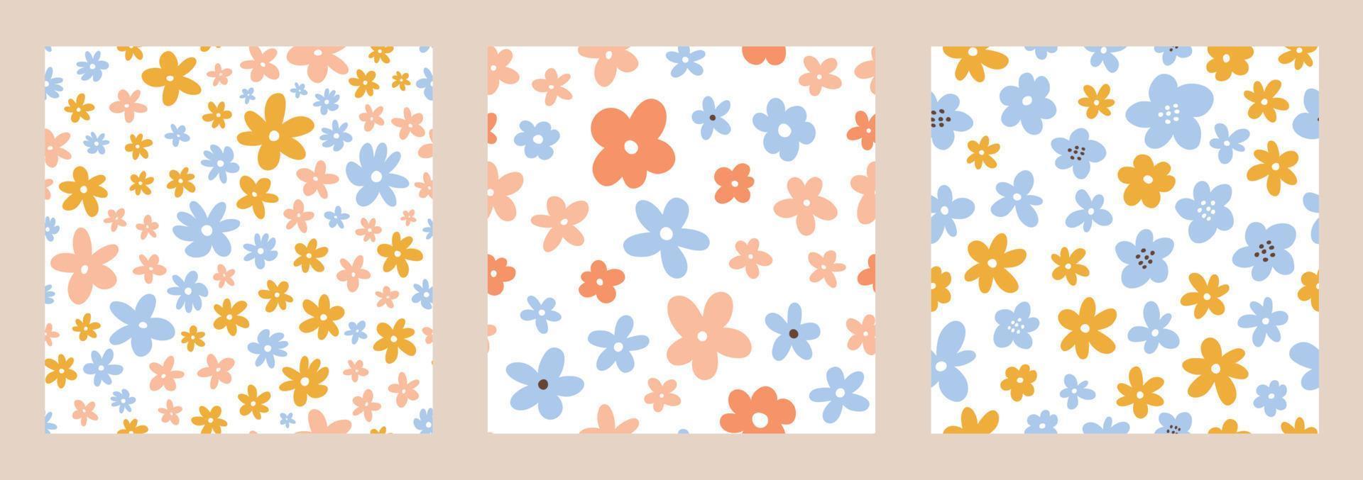 Collection of cute seamless patterns with spring flowers. Vector illustration in hand-drawn flat style. Perfect for print, decorations, wallpaper, wrapping paper, cards. Simple botanical backgrounds.