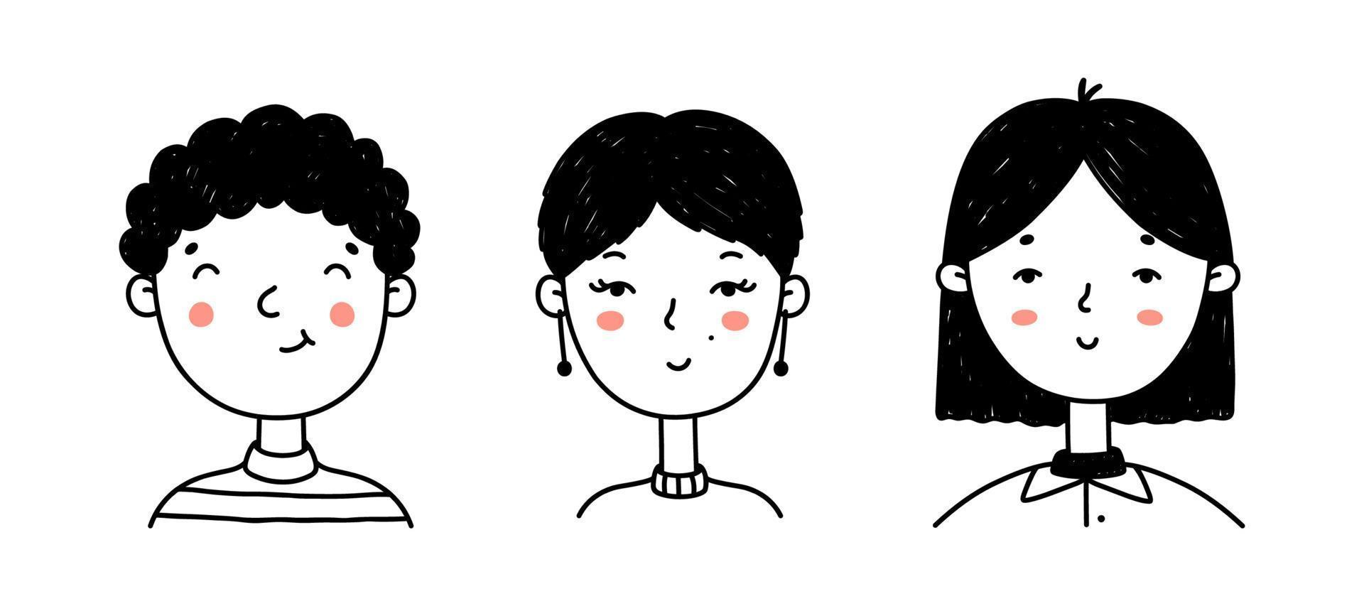 conjunto de caras de personas lindas en estilo garabato. retratos de niñas y niños felices aislados de fondo blanco. perfecto para redes sociales, avatares.vector ilustración dibujada a mano de personajes de dibujos animados vector