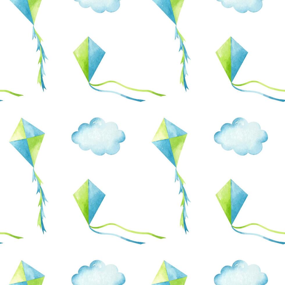 Watercolor seamless pattern with flying colored kites among the clouds. Children's cartoon print. Perfect for textiles, fabrics, wrapping paper, linen, invitations, nursery decor, covers, cards. vector