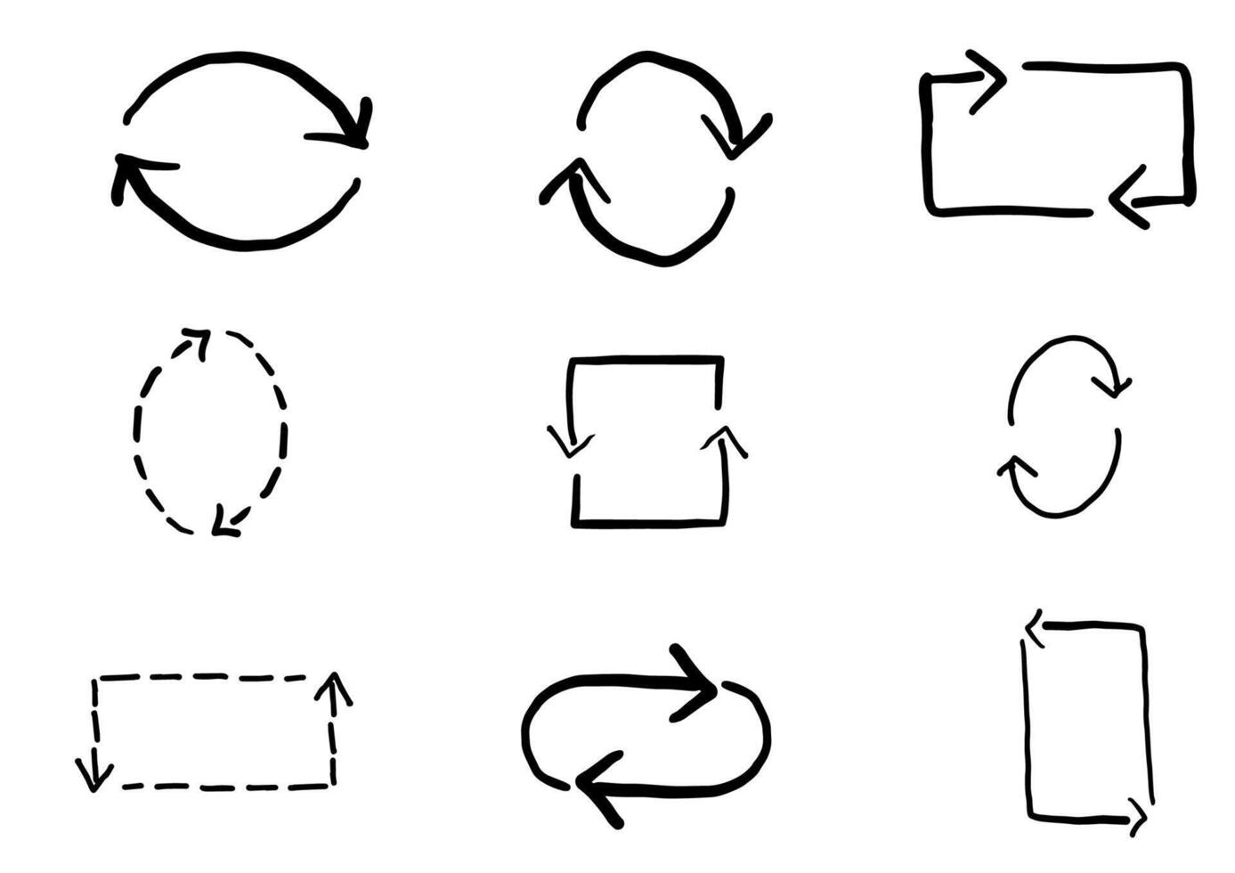 conjuntos de flechas circulares negras. iconos vectoriales gráfico para el sitio web. estilo dibujado a mano vector