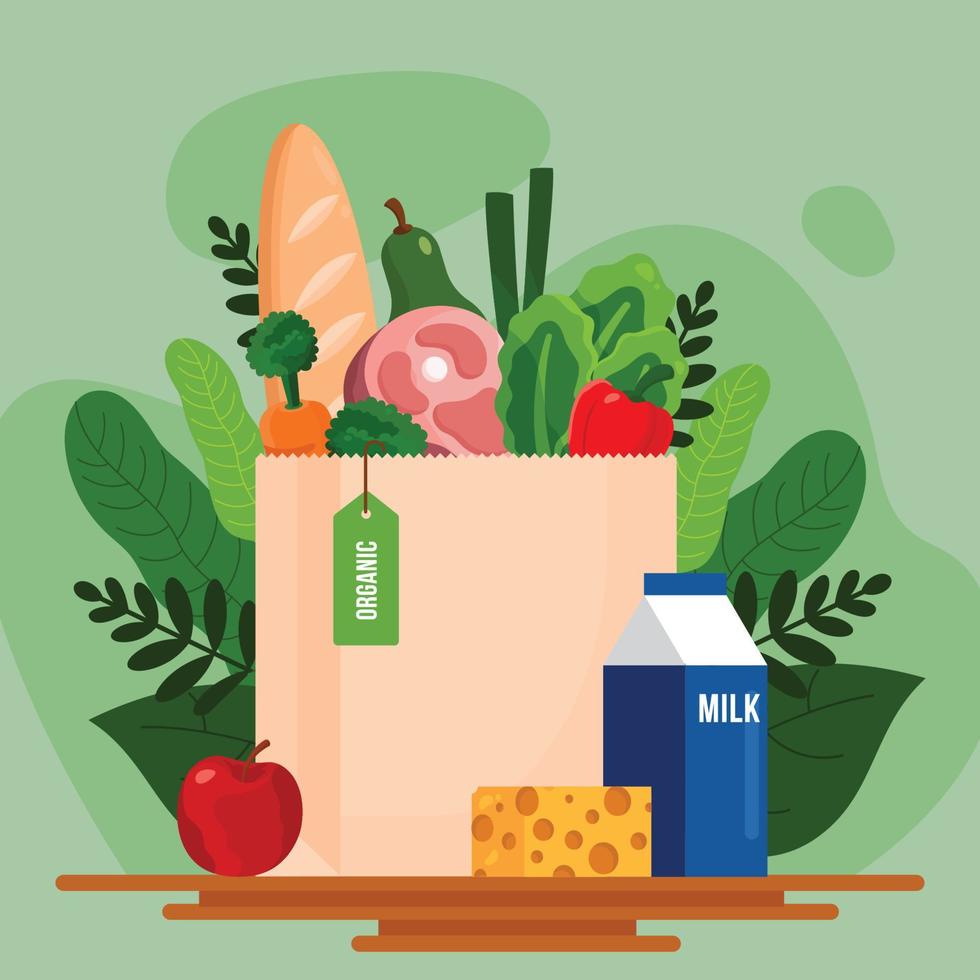 Paper Bag Full of Organic and Fresh Grocery Products vector