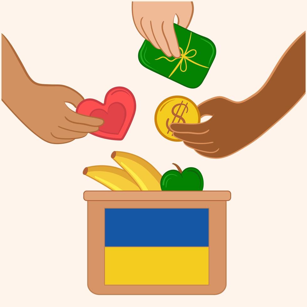 caja de ilustración vectorial con comida, corazones de dinero. apoyo a la gente vector