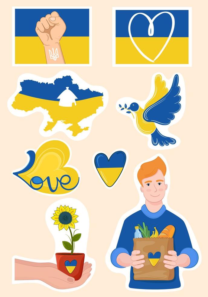 Sticker pack Peace for Ukraine. Ukraine People Volunteer, Ukrainian Flag, Map, Pigeon, Hearts, Sunflower. Stop the war. On white isolated Background vector