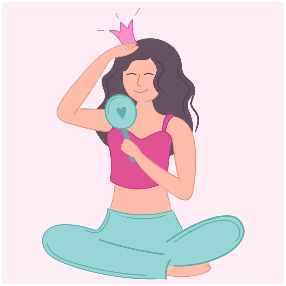 Vector illustration girl self love admiring yourself in the mirror with crown.