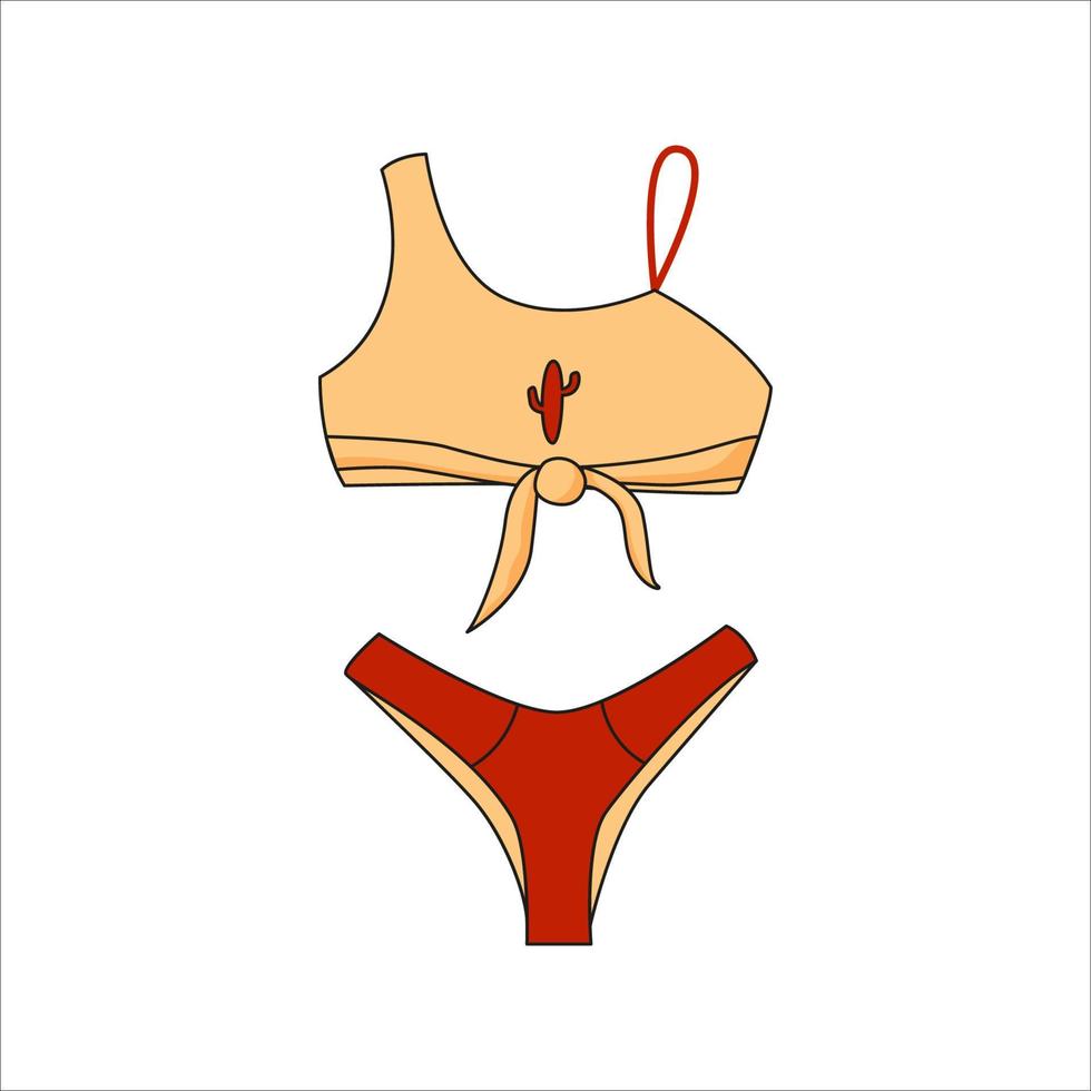 Traje de baño femenino de dos piezas con estampado de cactus. parte superior e inferior de bikini con estilo. ropa de playa de moda. ilustración vectorial plana coloreada aislada sobre fondo blanco vector