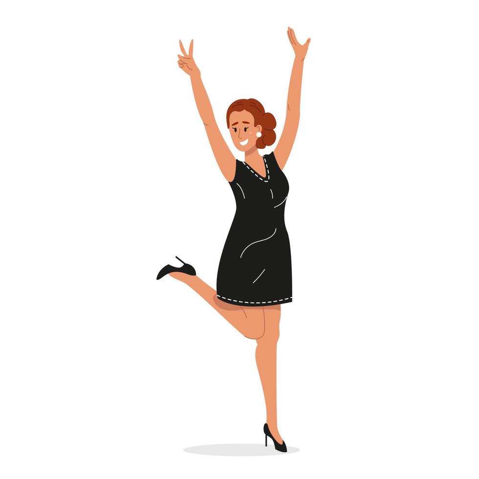 mujer joven elegante y divertida con un elegante vestido negro. feliz sonriente niña riendo de pie en pose divertida. gente de la fiesta del evento de graduación. ilustración de vector de dibujos animados plana aislada sobre fondo blanco