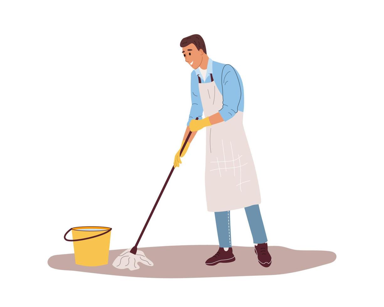 Man cleaning floors with a mop and bucket. Happy guy staff wears apron. Professional house and office cleaner, worker. Flat cartoon vector illustartion isolated on white background