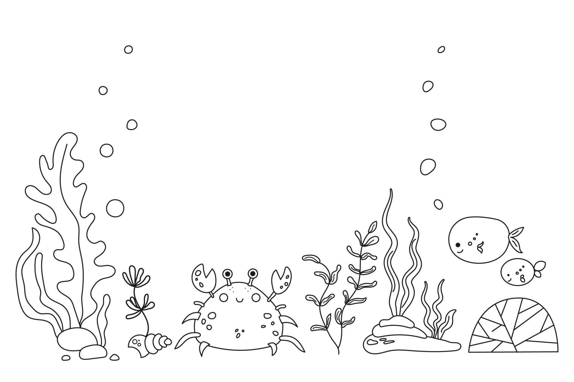 Underwater world with seaweed, crab, fish in sea or ocean. Undersea