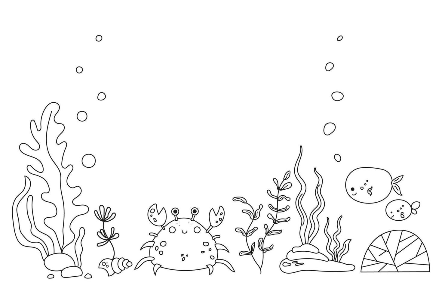 Underwater world with seaweed, crab, fish in sea or ocean. Undersea background with place for text. Sketch style seabed landscape with marine flora and fauna. Hand drawn vector illustration