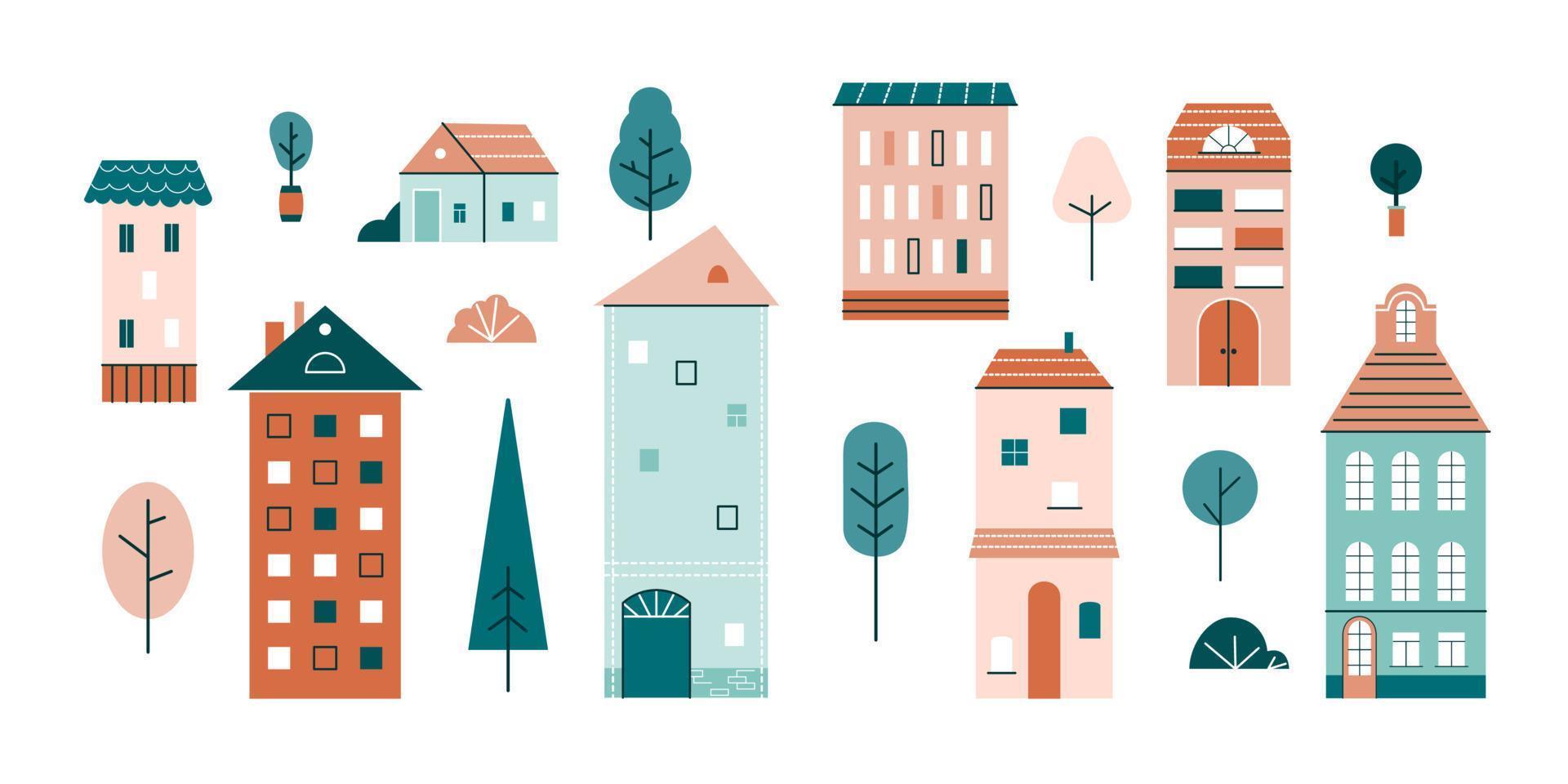 Cute little houses, small buildings, trees and bushes in Scandinavian style. Set of urban homes with windows, roof and chimneys. Color flat vector illustration isolated on white background