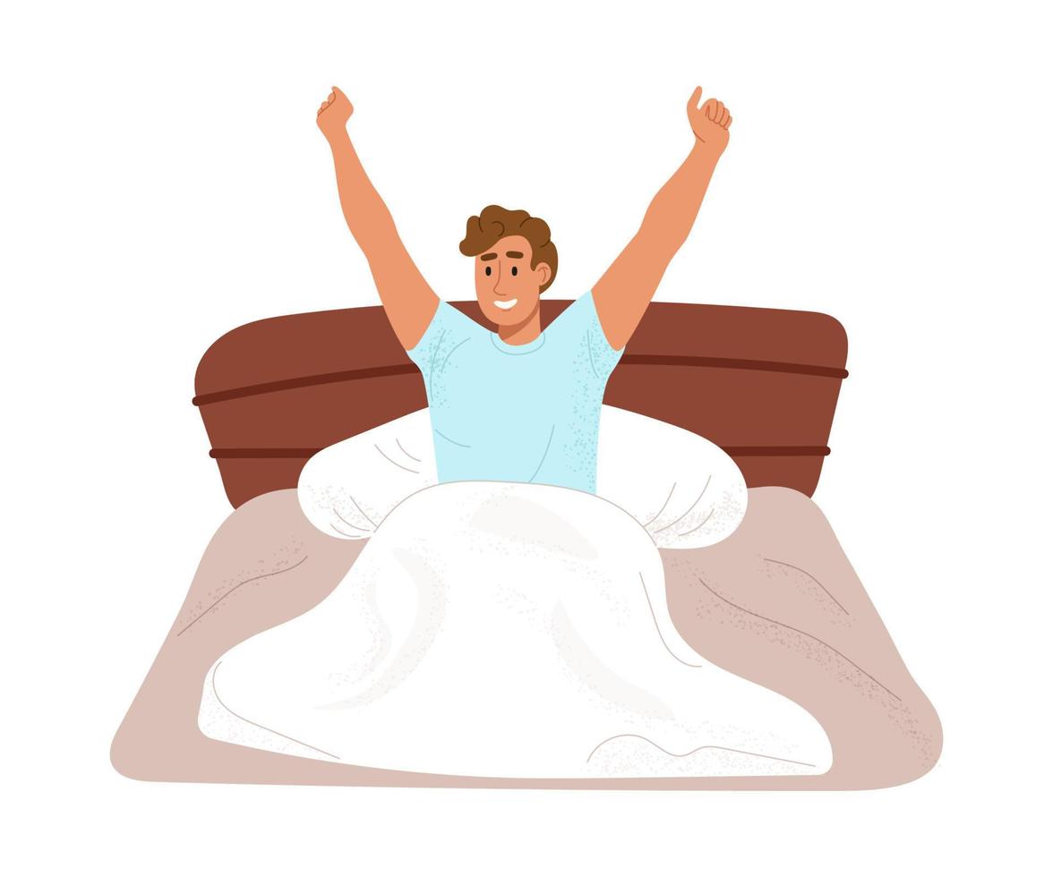 Happy young man waking up in the morning and stretching his arms up. Smiling guy siitting in bed. Color flat vector illustration isolated on white background