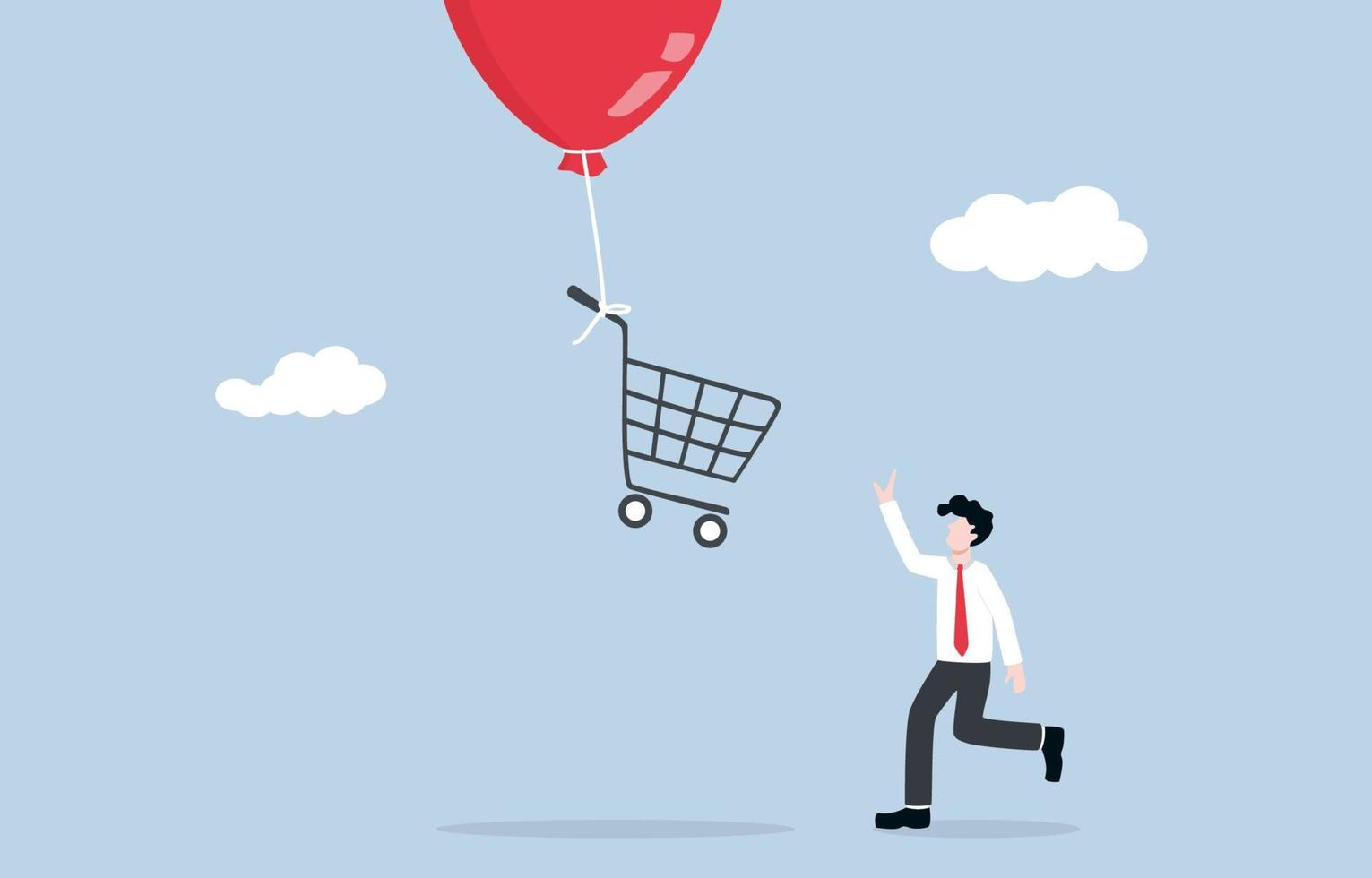 Inflation affects purchasing power, prices of products unusually rise up concept. Businessman consumer trying to catch shopping cart that being flying into the sky by inflation balloon. vector