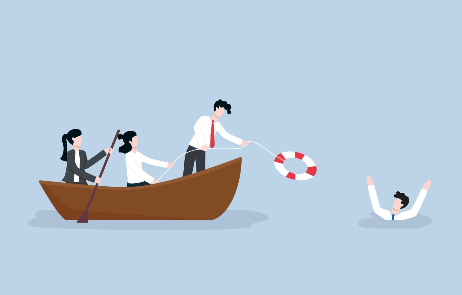 Assistance in business team, group, or workplace, helping colleague from working mistake to succeed together again concept. Employees row a boat and throw rubber ring to save drowning colleague. vector