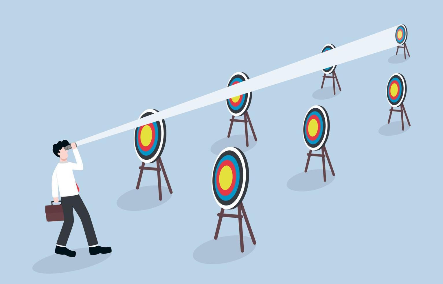 Focusing on long term business goal or investment, using more planing, more time, and more strategy for solid success concept. Confident businessman using binoculars to look at distant target. vector