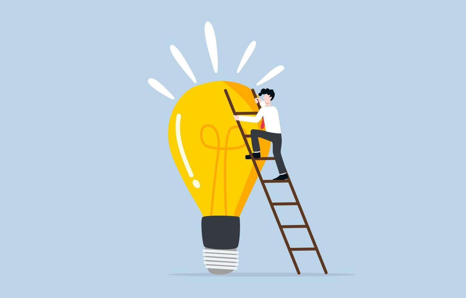 Idea development for career growth, accumulate knowledge, creativity, or skill to help life better concept. Businessman climbing up ladder to stand on big idea light bulb. vector