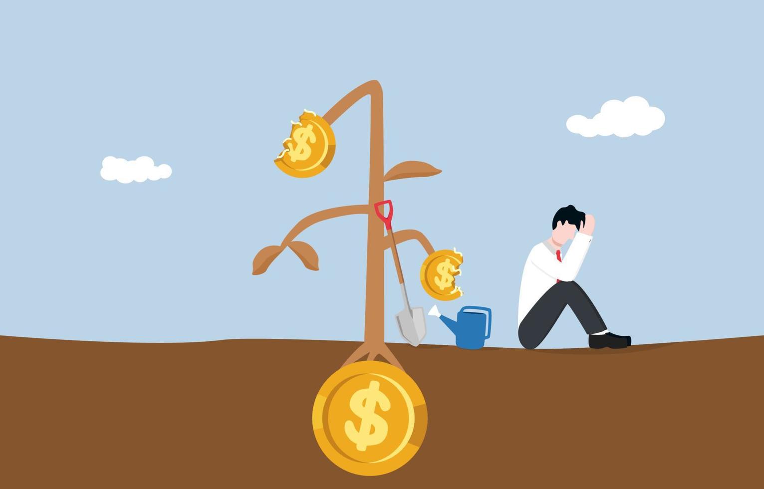Lose money from business failure, mistake speculation in stock market, cryptocurrecy or other assets concept. Sad businessman sitting on ground for his dead and dying money plant. vector