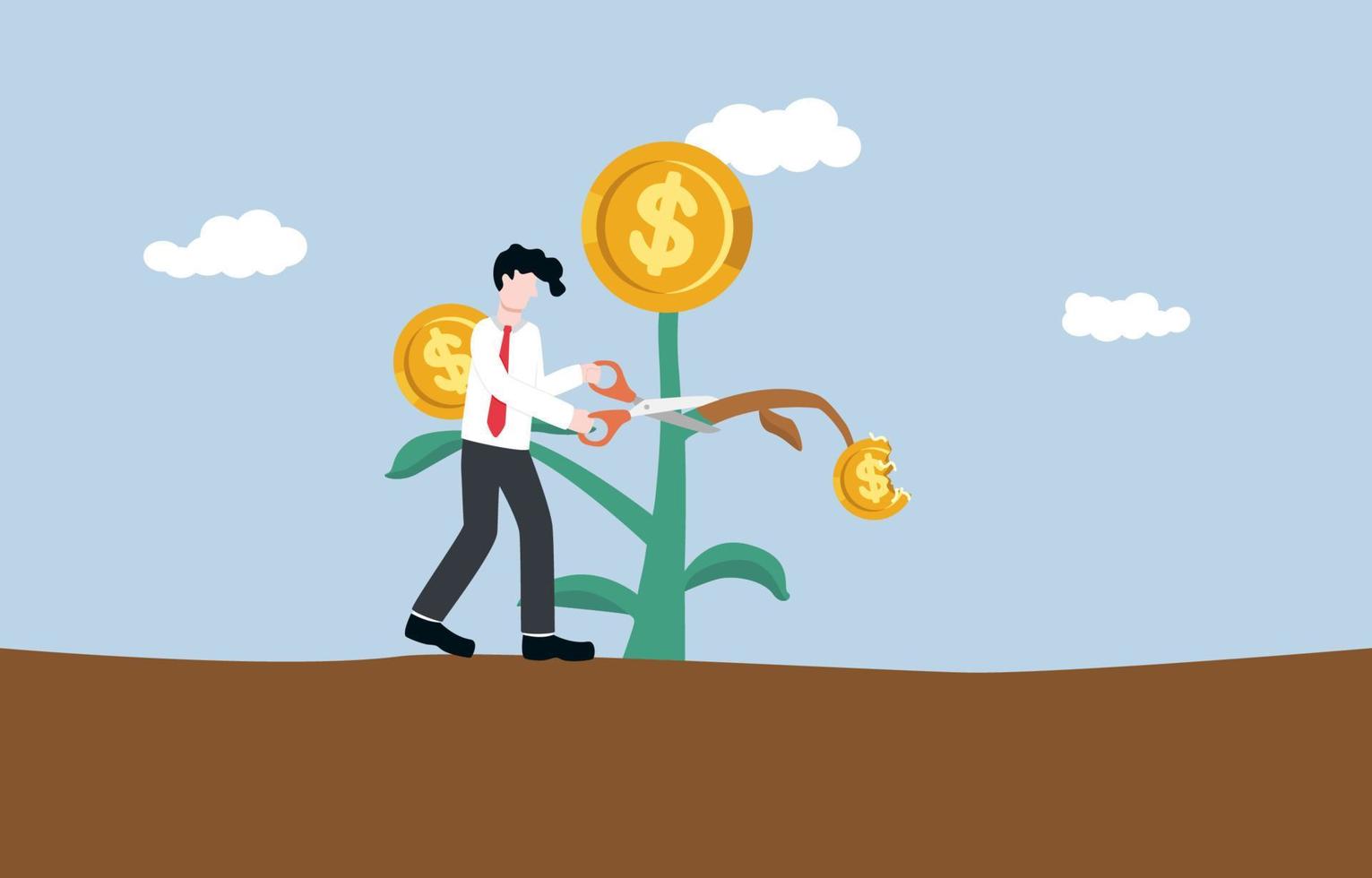 Stop loss strategy to prevent incurring huge loss from rapid fall in stock or cryptocurrency price, risk management in trading concept. Businessman reluctantly cutting a withered branch of money tree. vector