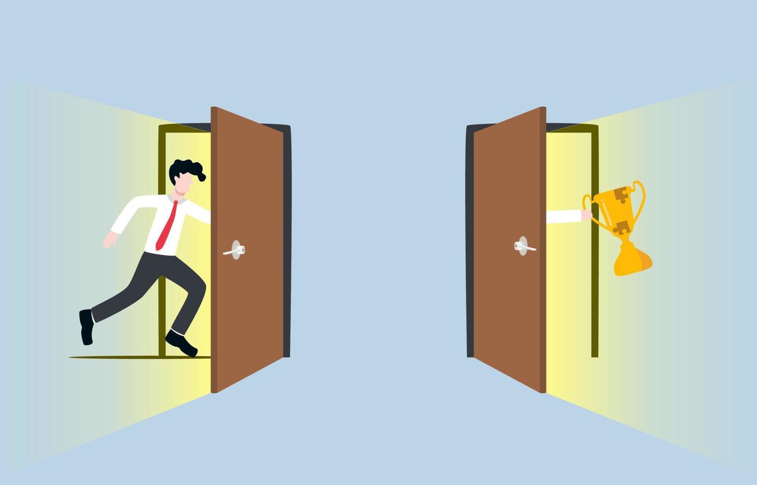 Finding shortcut to succeed in business, fast career growth, or good strategy usage for achieving goal quickly concept. Businessman running into dimensional door to grab trophy. vector