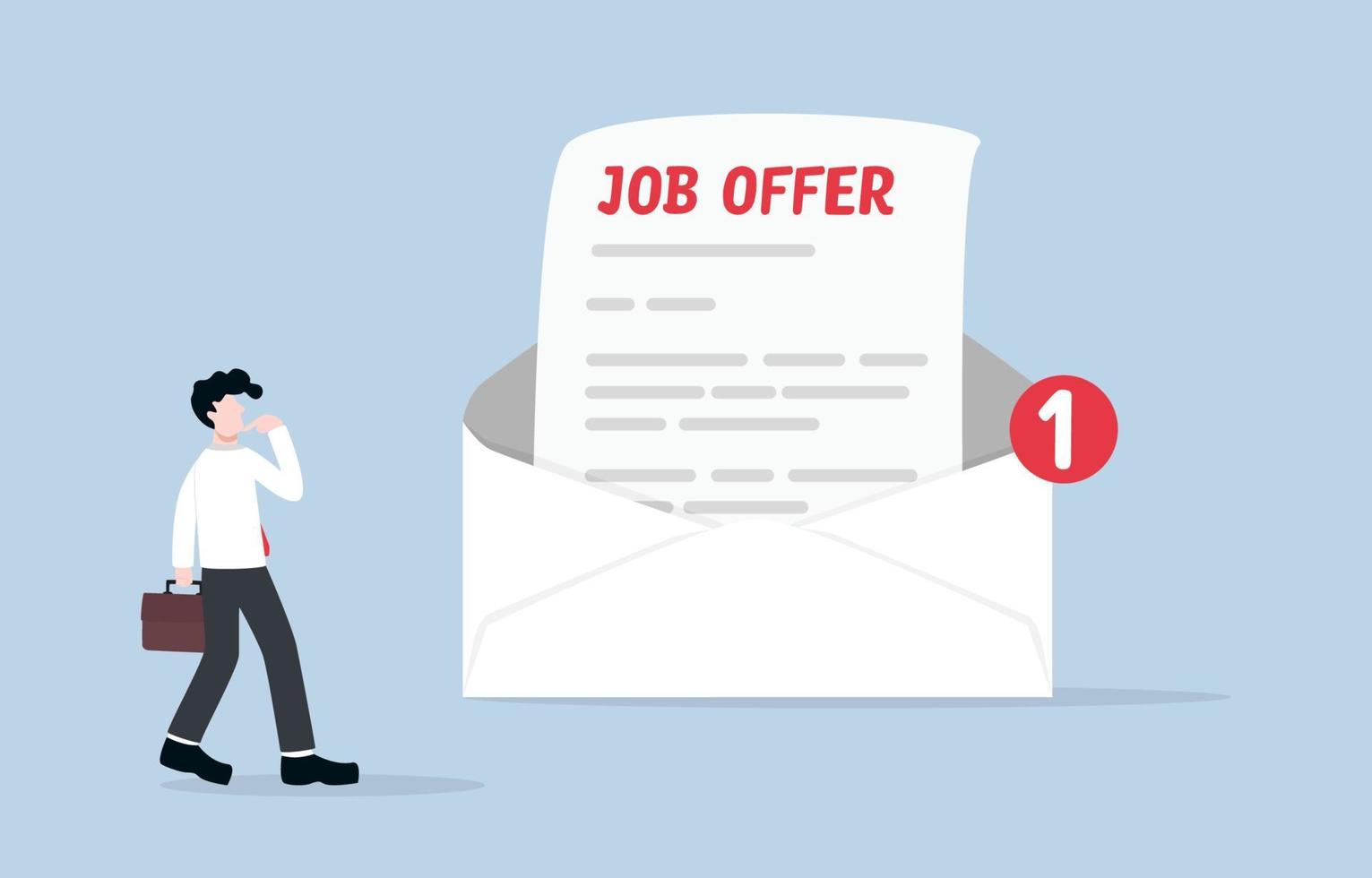 Job offer email, company providing career opportunity for eye-catching person, online job vacancy notification concept. Businessman looking at opened job offer email. vector