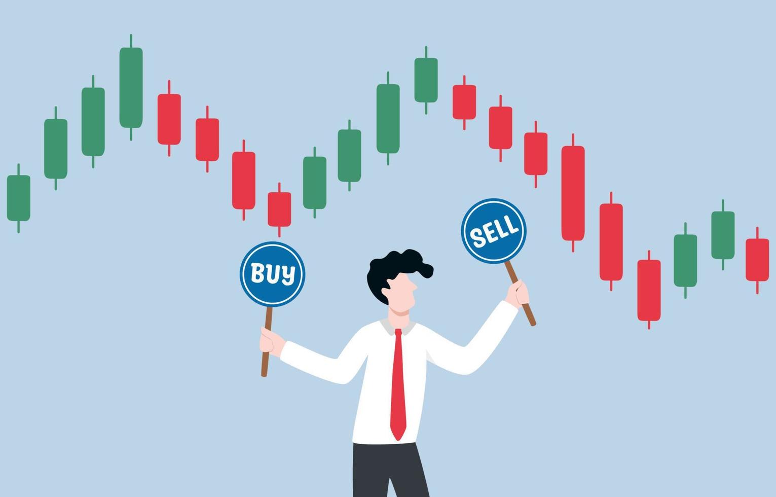 Time decision to invest in stock market, opportunity to buy or sell in crypto currency trading, foreign exchange concept. businessman holding buy sign and sell sign while looking at candlestick chart. vector