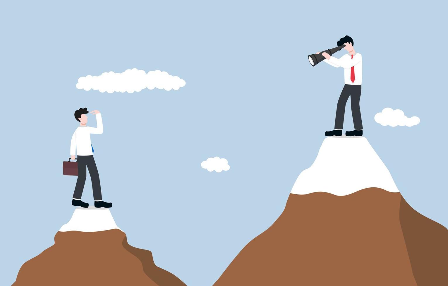 Doing business without underestimating competitor,  strategy to sustain growth among competitive market concept, Entrepreneur businessman using telescope to look at competitor on mountain below. vector