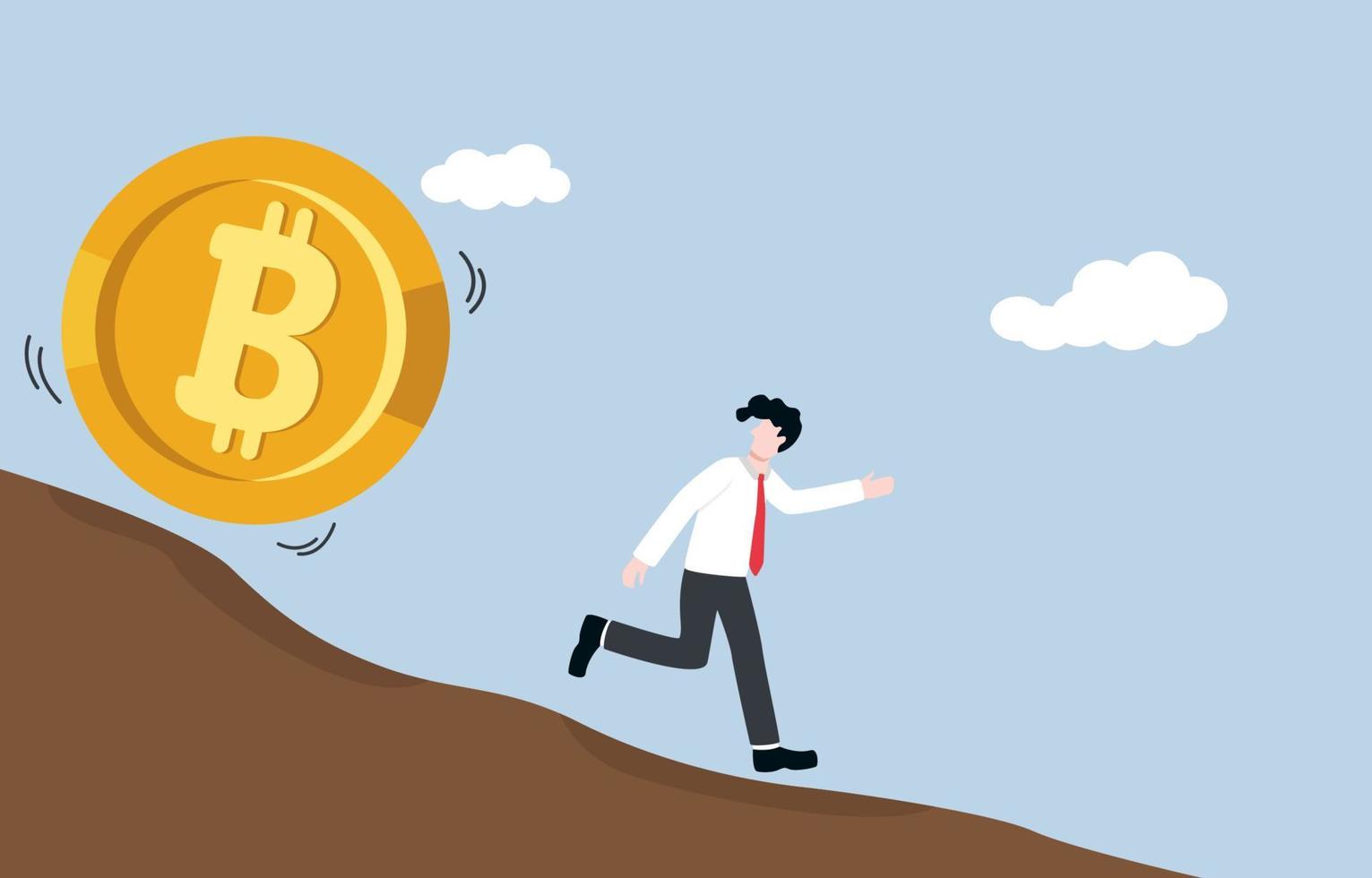 Bitcoin price falling down sharply put investor in  dilemma, extremely high cryptocurrency volatility concept. Businessman run away unexpectedly from big bitcoin which rolling down mountain slope. vector