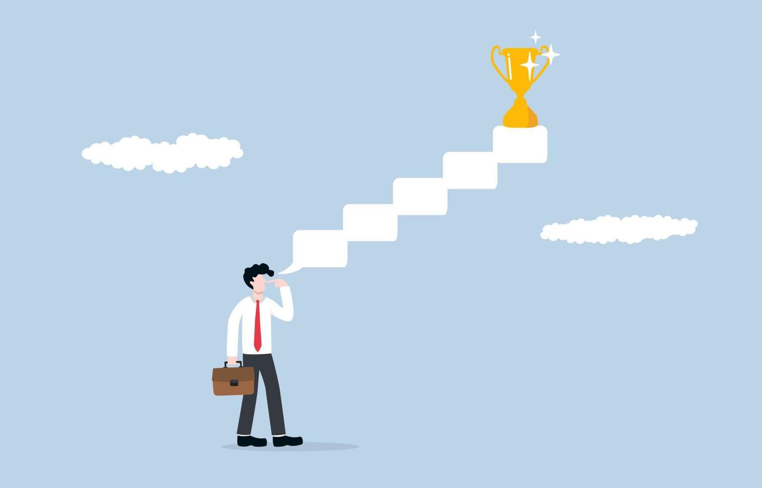 Step-by-step thinking for success, systematic  planning for career progress, contemplation about overcoming business challenge concept. Businessman thinking as ladder bubble to trophy. vector