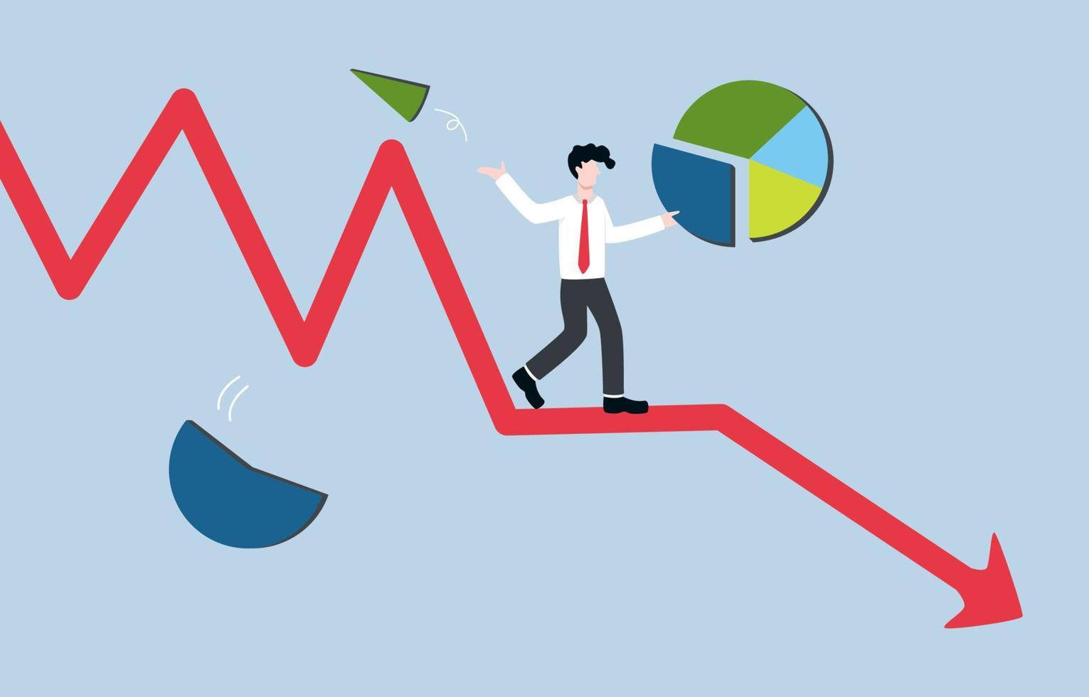 modificación de la cartera de inversiones a partir del desplome del mercado de valores, la crisis financiera o el concepto de impacto económico. el inversionista empresario ajusta la cartera de inversiones mientras se encuentra en la línea de tendencia bajista de las acciones. vector