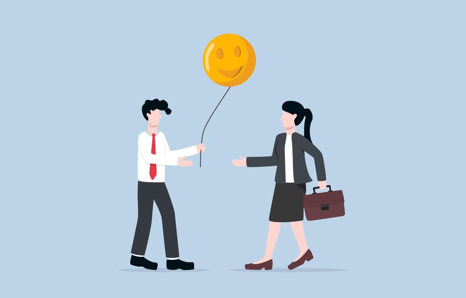 Sharing positive energy between workmates, making positive vibe in workplace, or giving happiness to release stress from work concept. Businessman giving happy face balloon to coworker. vector