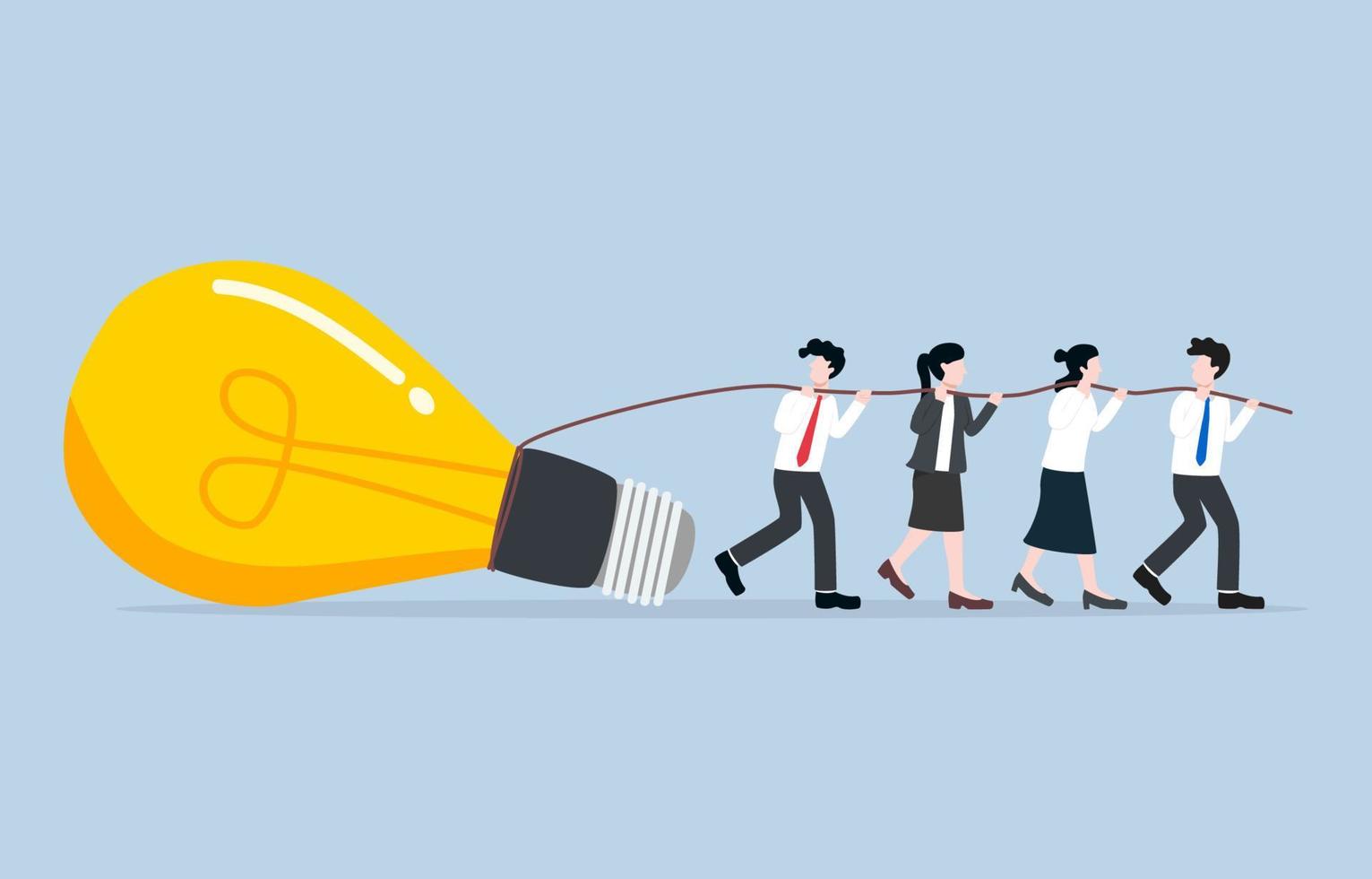 Team effort to find best idea for business growth or solution to solve problem, collaboration in work by using creativity relentlessly concept. Colleagues dragging idea light bulb forward. vector