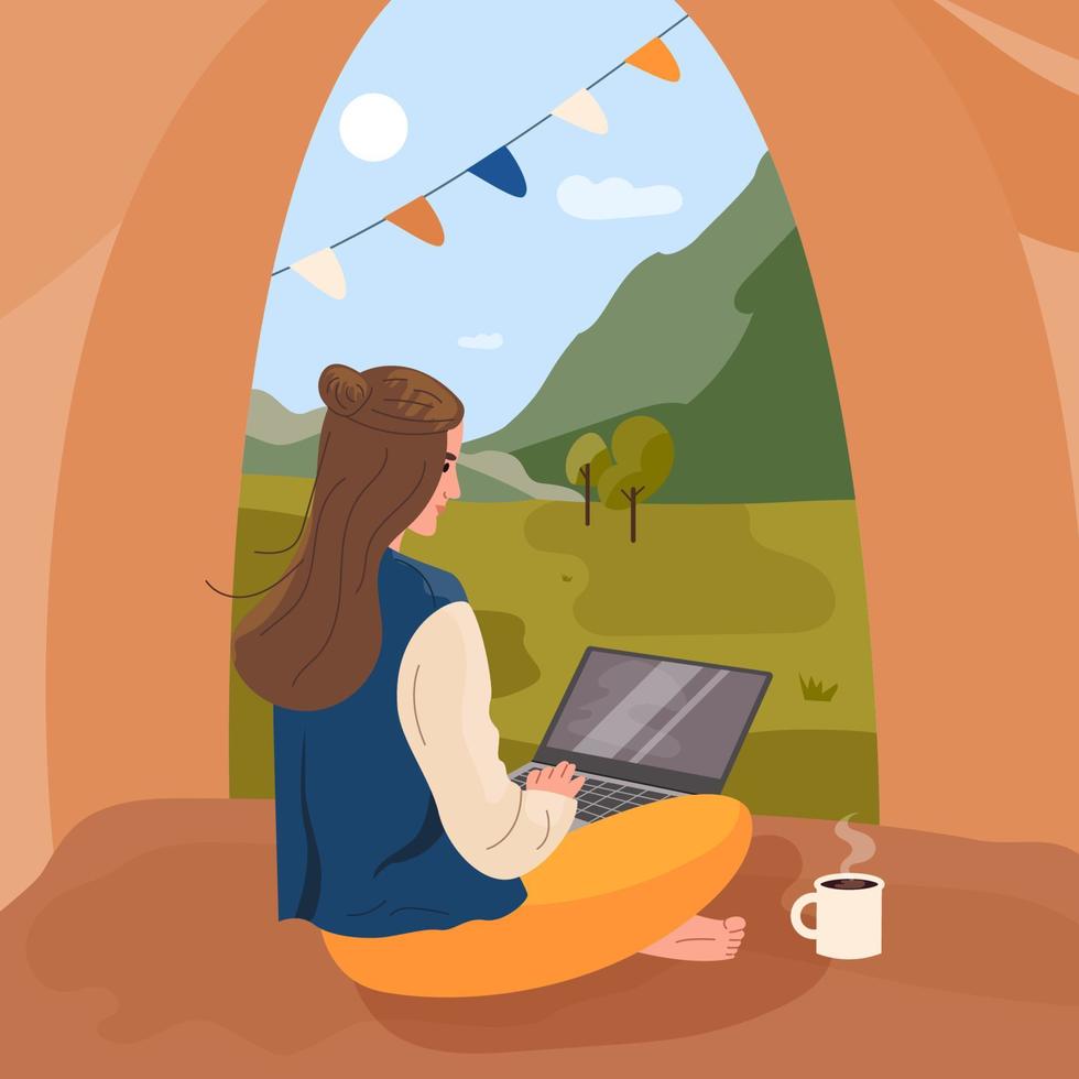 Happy woman freelancer traveler working online using laptop and enjoying beautiful nature mountain landscape. Workation concept. Color flat vector illustration