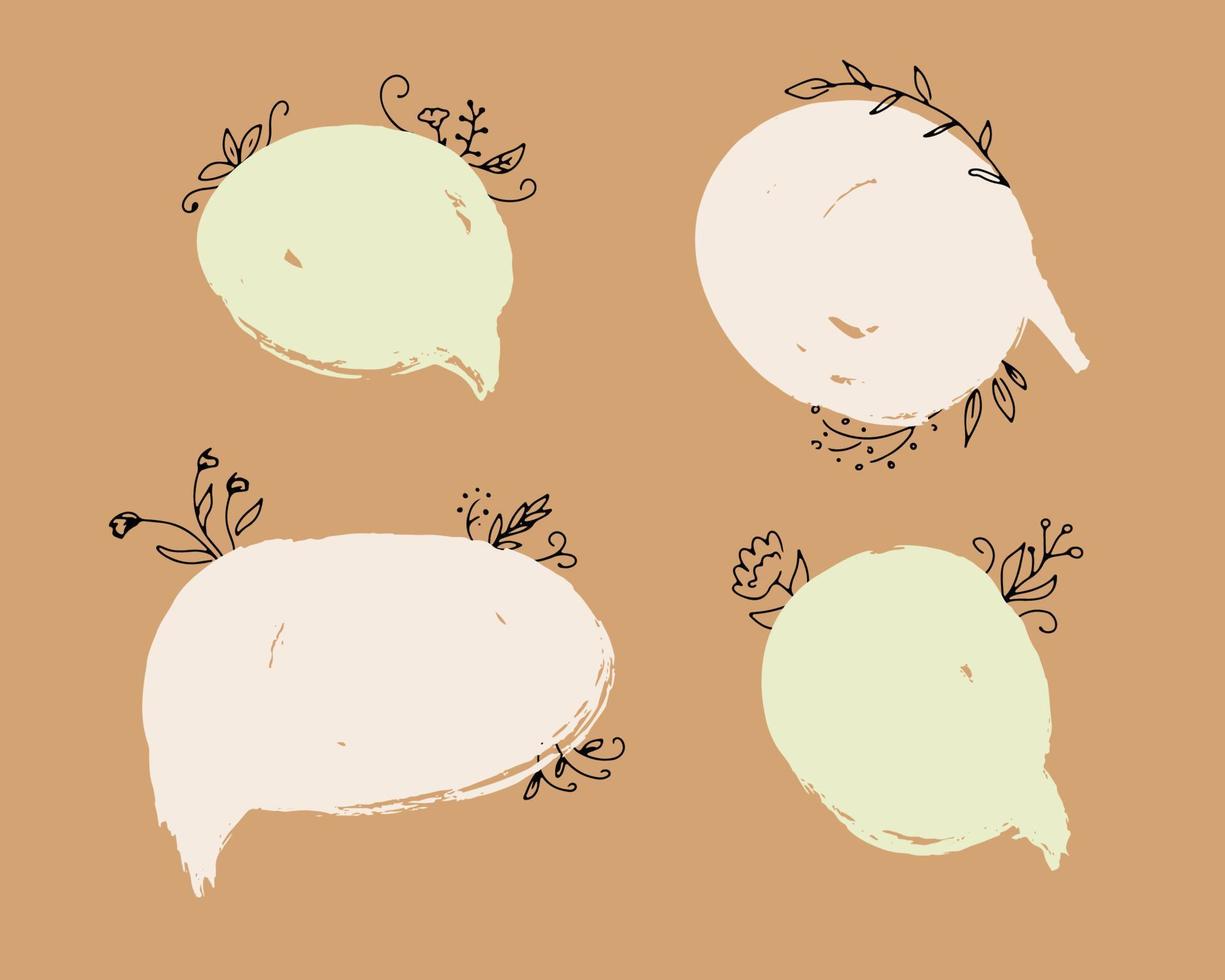 Cute speech bubbles with blooming flowers set. Floral text bubbles in doodle sketch style. Vector Illustration