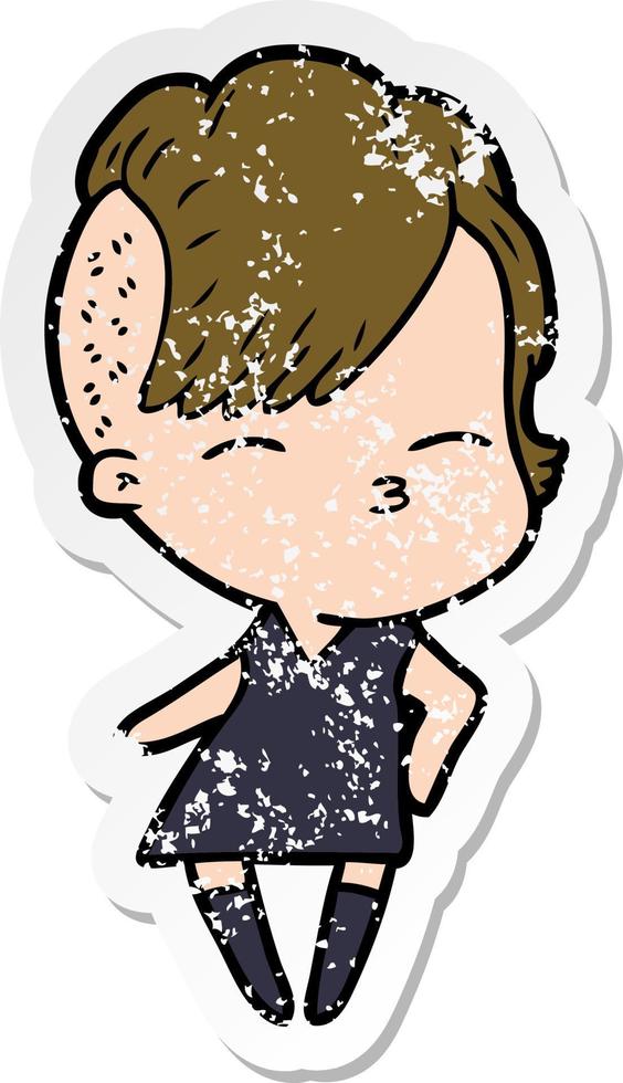 distressed sticker of a cartoon squinting girl in dress vector