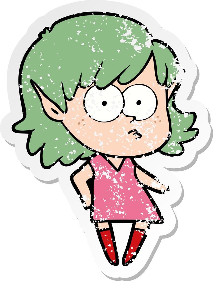 distressed sticker of a cartoon elf girl staring vector