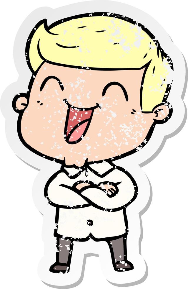 distressed sticker of a cartoon man laughing vector