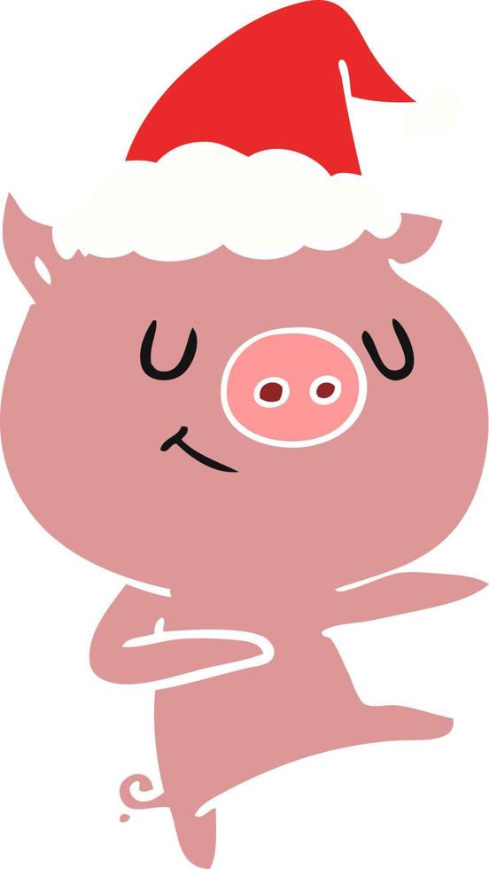 happy flat color illustration of a pig dancing wearing santa hat vector