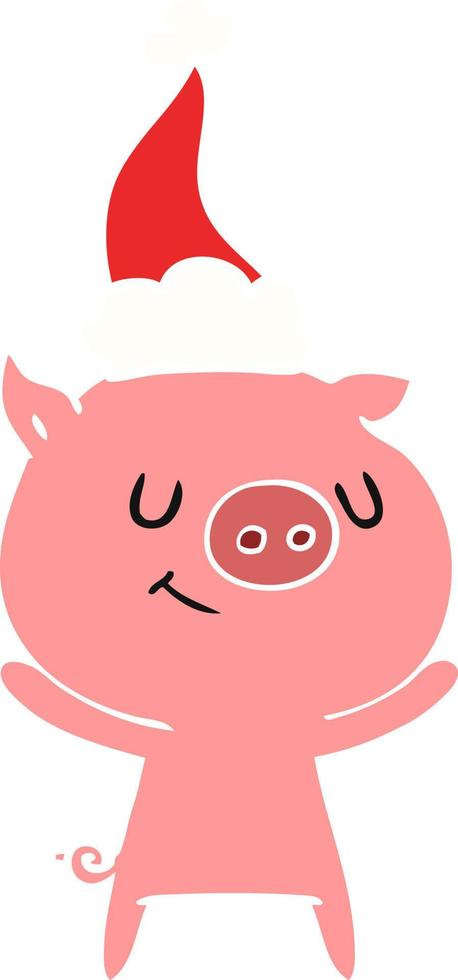 happy flat color illustration of a pig wearing santa hat vector