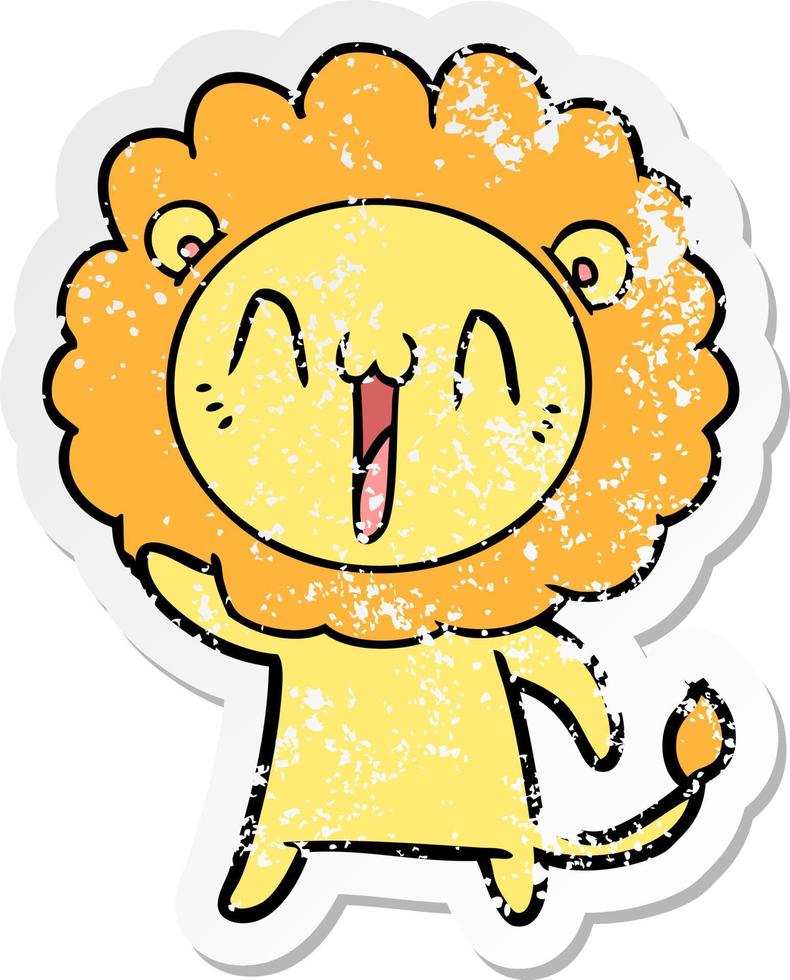 distressed sticker of a happy cartoon lion vector