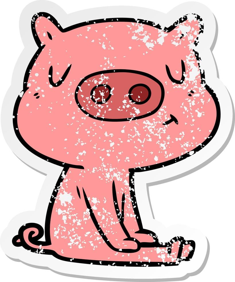 distressed sticker of a cartoon content pig meditating vector