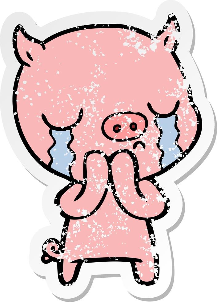 distressed sticker of a cartoon pig crying vector