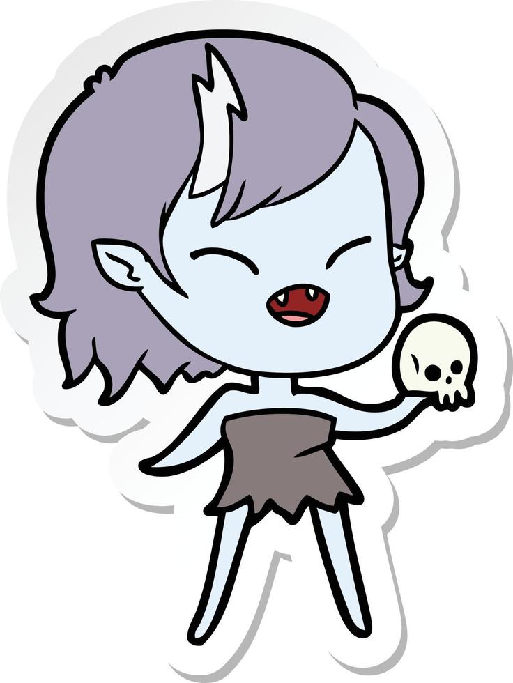 sticker of a cartoon laughing vampire girl with skull vector