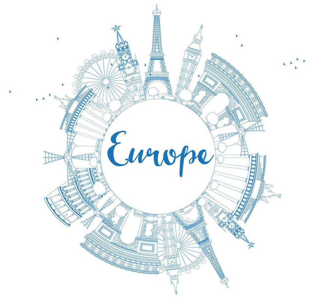 Famous landmarks in Europe. Outline Vector illustration.