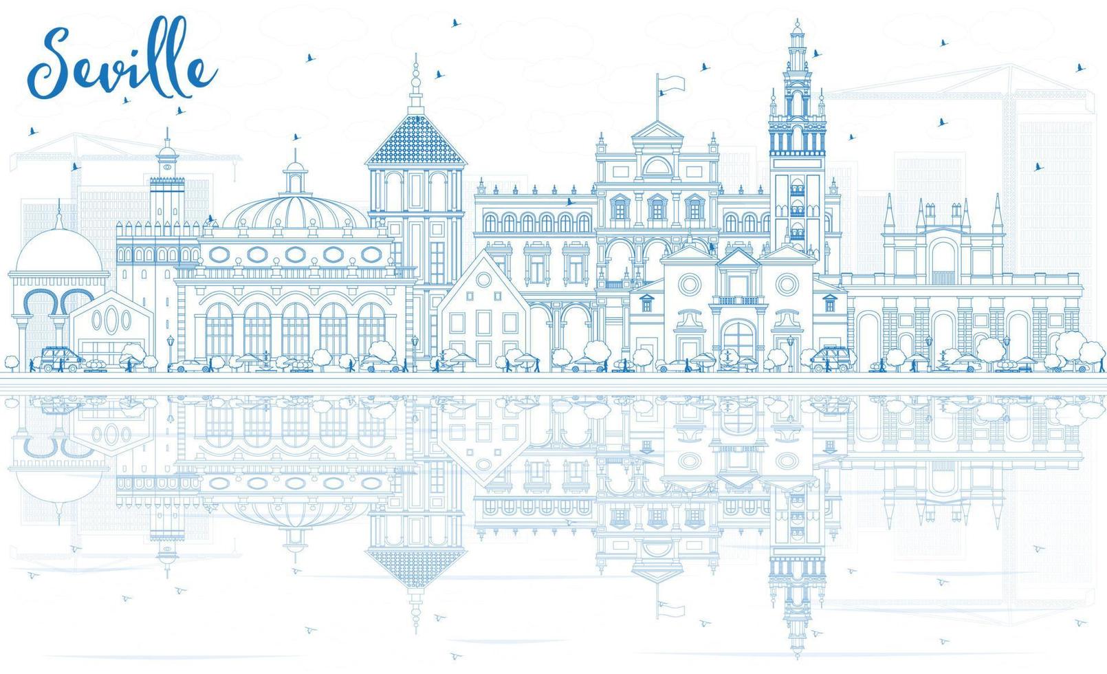 Outline Seville Skyline with Blue Buildings and Reflections. vector