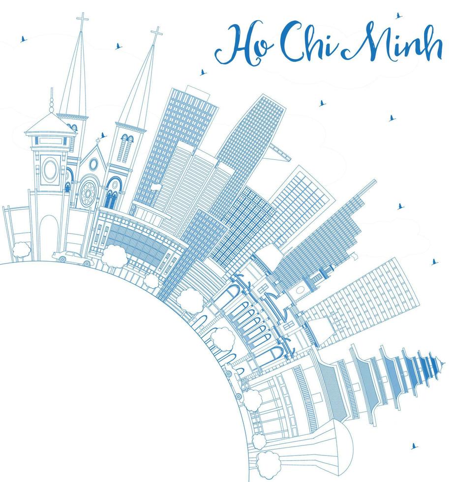 delinee el horizonte de ho chi minh con edificios azules y copie el espacio. vector